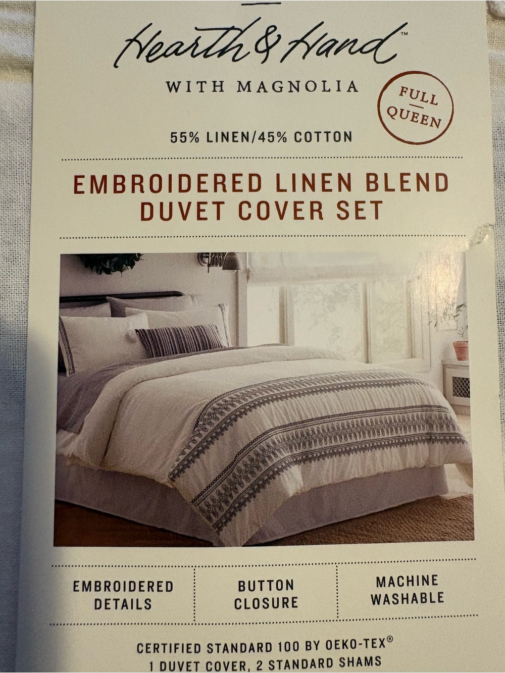 Magnolia Embroidered Linen-Blend Duvet Cover in Cream and Gray